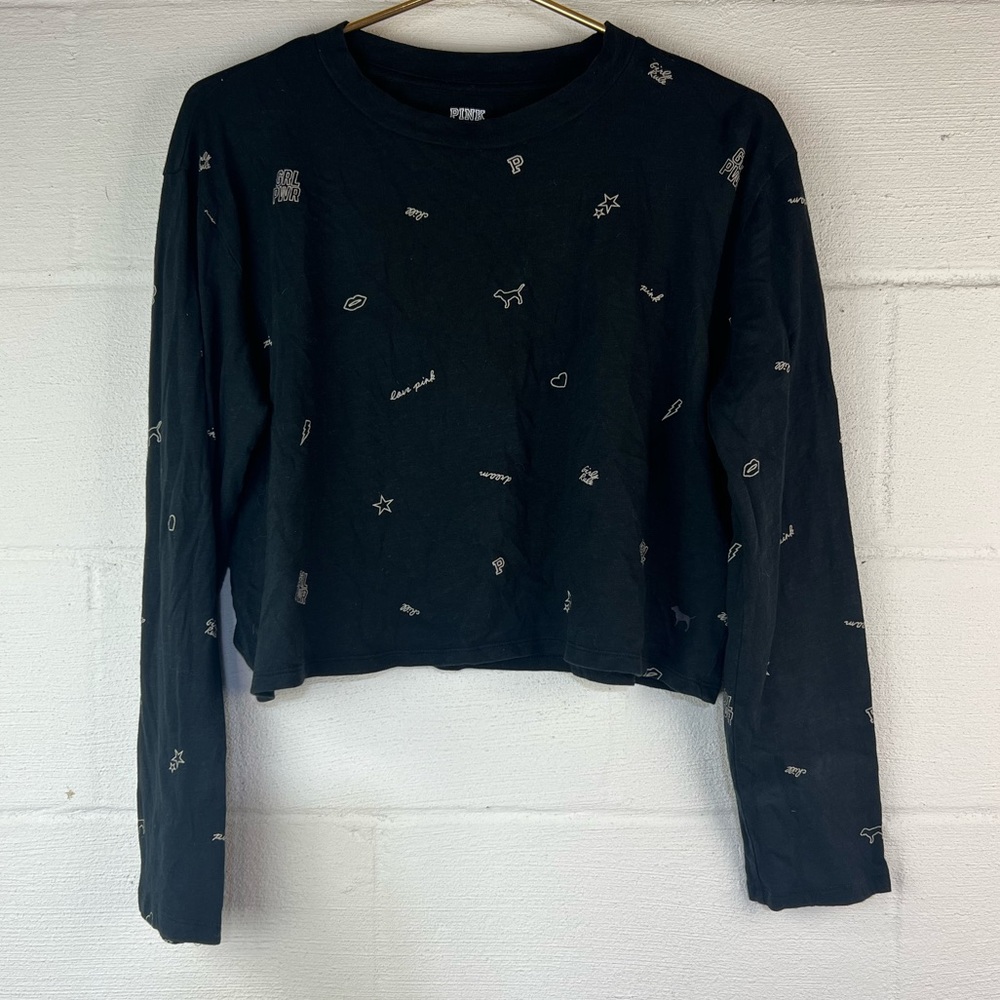 PINK Victoria's Secret Black Long Sleeve Cropped Tee with White Micro Prints
